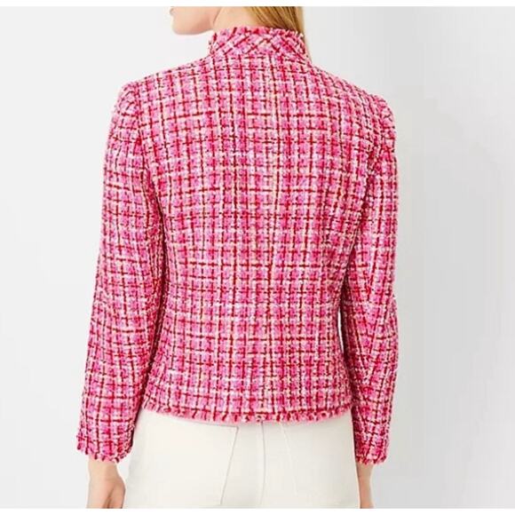 Ann Taylor NWOT The Cutaway Pink Red Fringe Tweed Open Front Jacket Size 12 - Picture 6 of 10